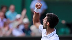 Srb Novak Djokovi se raduje bhem semifinále Wimbledonu.