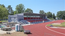 Opravená tribuna stadionu na Sokolském ostrov v eských Budjovicích (ervenec...