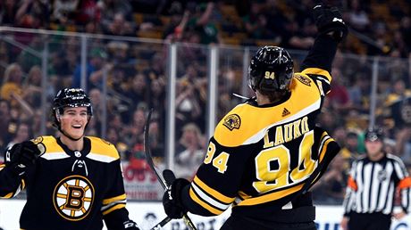 Hokejov tonk Jakub Lauko v dresu Boston Bruins ped rokem odbruslil...