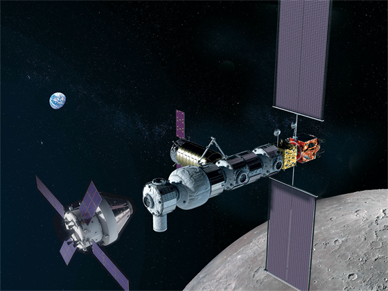 Ilustrace lodi Orion blíící se k msíní vesmírné stanici Gateway
