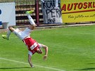 Tomáš Čelůstka z Pardubic slaví gól akrobatickým kouskem.