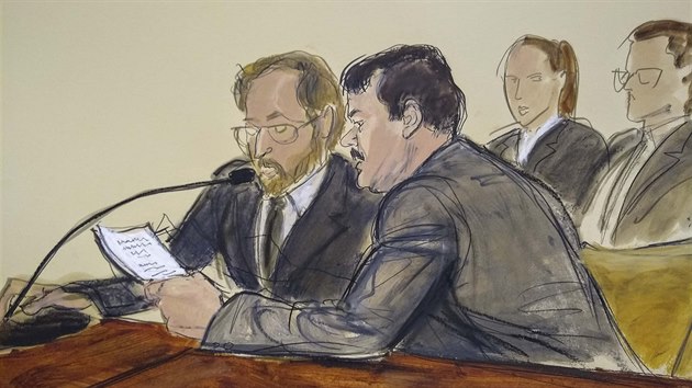 Drogov boss Joaqun Prcek Guzmn u newyorskho soudu tak, jak ho zachytil soudn kresl. (17. ervence 2019)