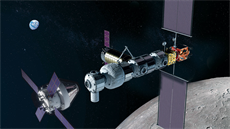 Ilustrace lodi Orion blíící se k msíní vesmírné stanici Gateway