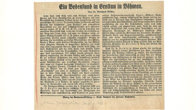 Nmeck list Zittauer Geschistsbltter, kter v prosinci 1929 informoval o tajemnm kosternm nlezu v echch.