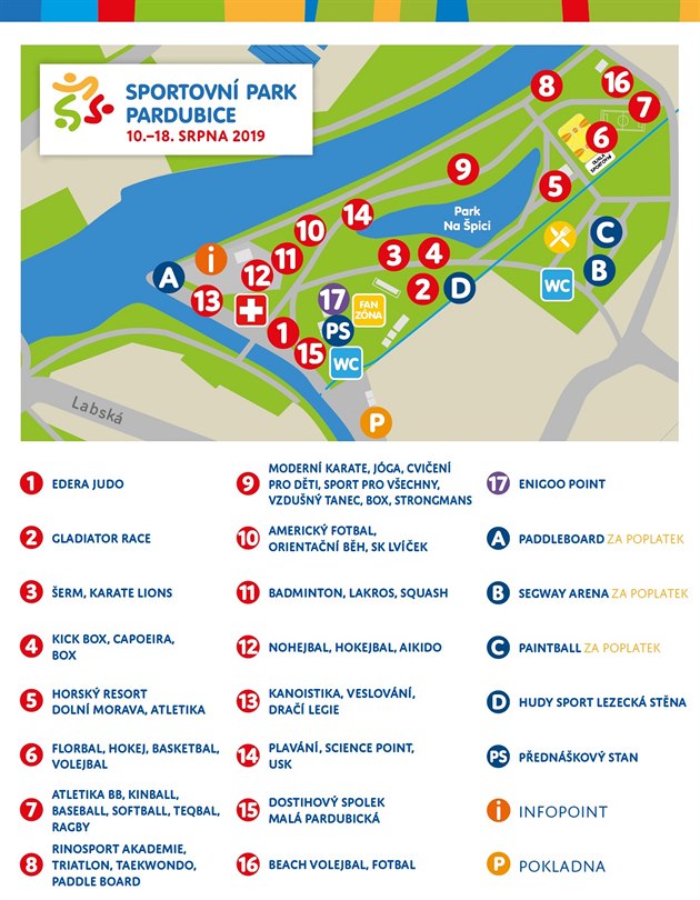 Mapa Sportovního parku Pardubice 2019 s jednotlivými stanovitmi.