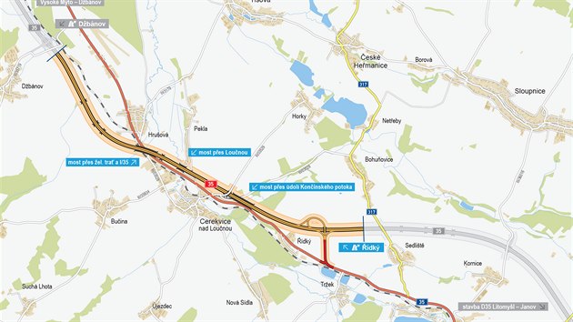 Trasa budoucí dálnice D35 v úseku Džbánov - Litomyšl.