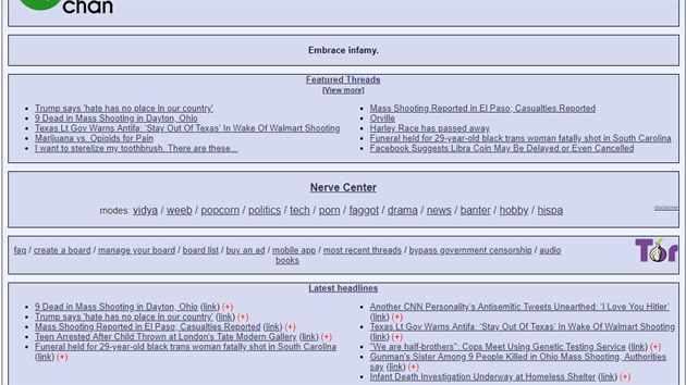 Archiv strnky webu 8chan krtce ped jejm staenm z webu