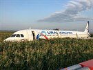 Letadlo Airbus A321 leží v kukuřičném poli u Moskvy, kde nouzově přistálo po...