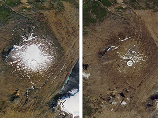 Zmenšování islandského ledovce Okjökull na kombinované letecké fotografii NASA...