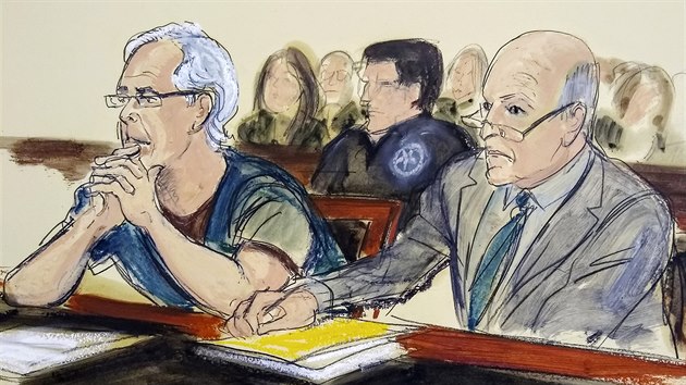 Jeffrey Epstein (vlevo) se svým obhájcem na skice od soudu (15. července 2019)