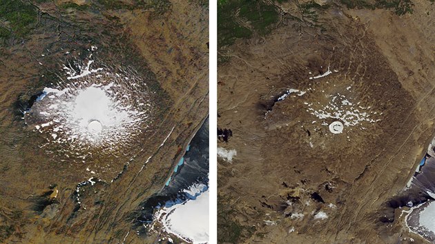 Zmenovn islandskho ledovce Okjkull na kombinovan leteck fotografii NASA (vlevo stav ze 14. z 1986, vpravo 1. srpna 2019).