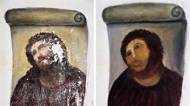 Freska Jee Krista z kostela ve panlskm msta Borja. Oprskan barvy se rozhodla obnovit mstn dchodkyn.