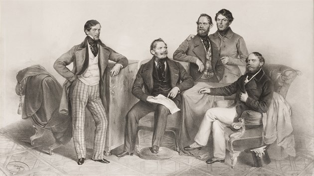 Litografie zachycujc tyi bratry Kleinovy - Franze, Alberta, Libora a Huberta. Zcela vlevo stoj Franz II.