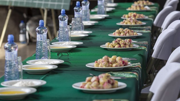 Knedlíky, cukr, omastek a voda připravené pro soutěžící na Vizovickém Trnkobraní 2019. (17. srpna 2019)