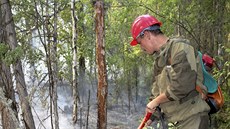 Ruský hasi pi boji s lesním poárem v Krasnojarském kraji na východ Ruska....
