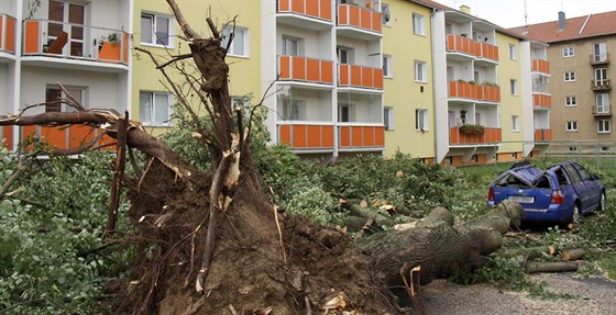 Bouka provázená hustým detm a velmi silným vtrem polámala i vyvrátila v nkolika uniovských ulicích bhem pár minut na tyi desítky strom. Jeden dopadl na zaparkované auto a zcela ho zniil, koruna navíc pokodila zábradlí na dvou balkonech.