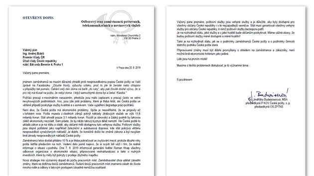 Odborov svaz zamstnanc potovnch, telekomunikanch a novinovch slueb zaslal premiru Babiovi oteven dopis