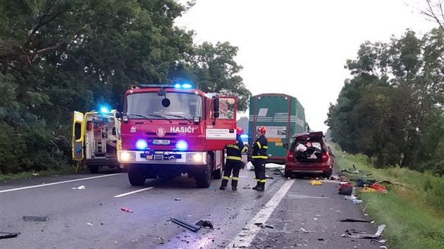Při čelní srážce auta a kamionu u Sudoměřic na Hodonínsku zemřeli v pondělí brzy ráno dva dospělí a dvě děti z osobního vozu.