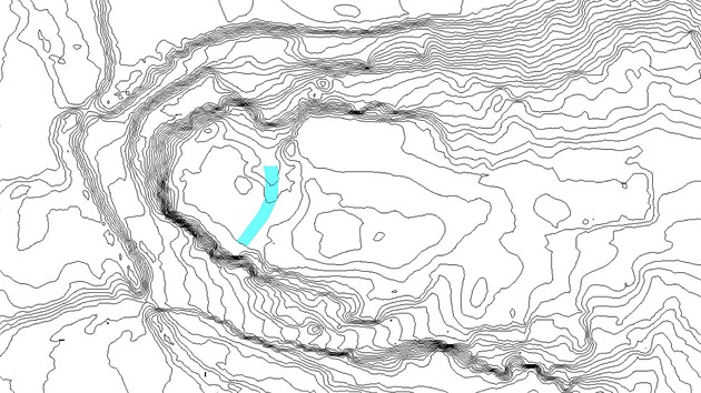 Vrstevnicov pln ternu (vrstevnice po 0,5 m, mode  pedpokldan pkop)