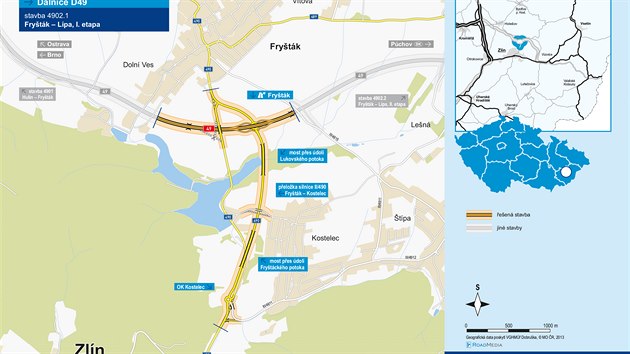 Plánovaná trasa dálničního přivaděče, který k připravované D49 připojí Zlín.