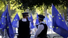Policisté stojí za vlajkami Evropské unie u parlamentu v Londýn. (29. srpna...