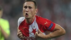 Slávistický obránce Jan Bo�il se raduje z gólu v odvet� play off Ligy mistr�...