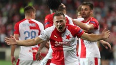 Slávistický obránce Jan Boil se raduje z gólu v odvet play off Ligy mistr.