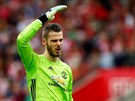 Gólman David de Gea z Manchesteru United povykuje na své spoluhrá�e v pr�b�hu...