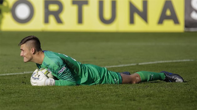 Slovck brank Matou Trmal v utkn s Mladou Boleslav kryje m v rukavicch.