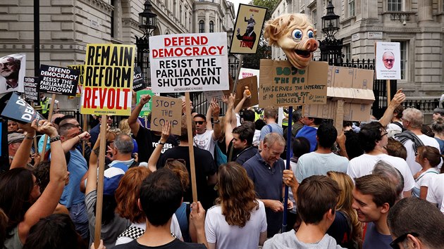 Protest proti rozhodnut britskho premira Borise Johnsona, jen ohlsil nkolikatdenn peruen prce parlamentu ped 31. jnem, kdy m zem opustit Evropskou unii. (31. srpna 2019)
