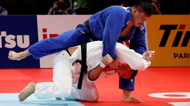 Lukáš Krpálek (v modrém) a Japonec Hisajoši Harasawa ve finále mistrovství světa v Tokiu.