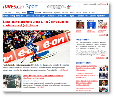 Tituln strana sportovn rubriky iDNES.cz v roce 2015