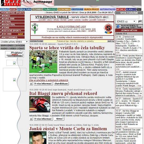 Tituln strana sportovn rubriky iDNES.cz v roce 2000