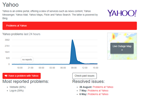 Výpadky po celém svt zaznamenala sluba Yahoo kolem deváté hodiny dopoledne...
