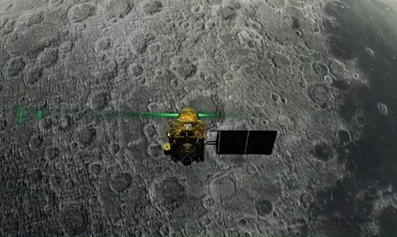 Ilustrace přistání indického modulu na povrchu Měsíce.