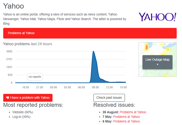 Společnost Yahoo hlásí problémy se svými službami. Nejvíce s e-mailem