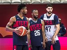 Donovan Mitchell, Kemba Walker a Joe Harris (zleva) na trninku americkch...