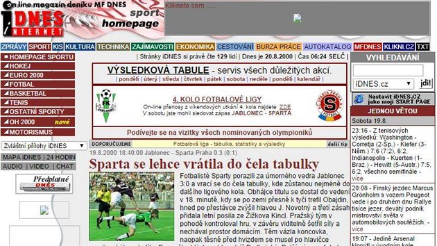 Titulní strana sportovní rubriky iDNES.cz v roce 2000
