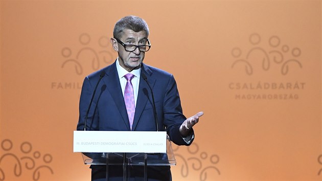 Premir Andrej Babi pi projevu na konferenci o demografii v Budapeti (5. z 2019)