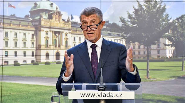 Premiér Andrej Babiš (ANO) hovoří na tiskové konferenci po schůzi vlády v Praze. (2. září 2019 )