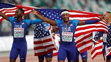 Atletické klání Evropa vs. USa v Minsku. Brandon Carnes a Mike Rodgers oslavují...