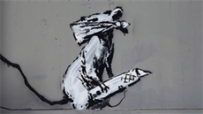 Krysa umělce Banksyho, která zmizela z panelu v Paříži. (3. září 2019)