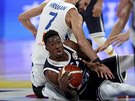 ecký pivot Thanasis Adetokunbo (dole) vybojoval mí, dopadá na nj eský...