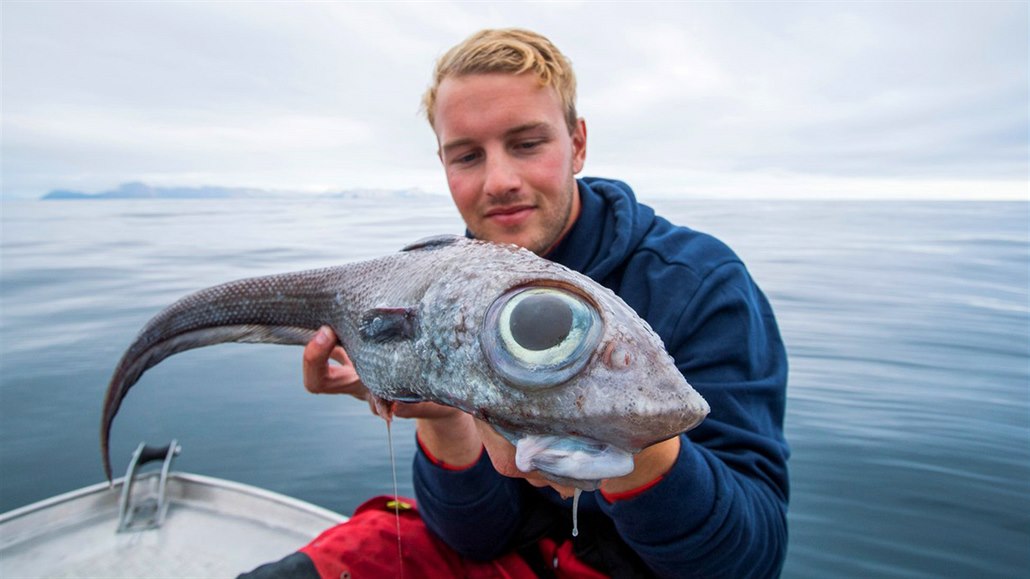 Devatenáctiletý rybář Oscar Lundahl se svým úlovkem - parybou chimérou podivnou.