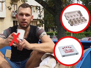 Papírové kelímky, plata na vejce ani použité obaly od pizzy do modrého...