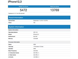 Výsledek iPhonu 11 Pro s čipsetem A13 Bionic v testu Geekbench