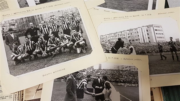 Dochované dobové fotografie v archivu fotbalové Slavie ze slavného vítězství 9:0 nad italskou Ambrosianou na Letné.