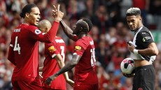 Virgil van Dijk z Liverpoolu (vlevo) slaví gól do sít Newcastlu.