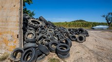 Ve Velii na Jiínsku dál pibývá pneumatik na erné skládce. (8. záí 2019)