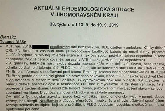 Zpráva Krajské hygienické stanice Jihomoravského kraje o chlapci nakaženém...
